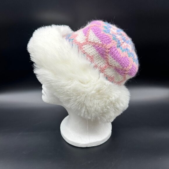 Vintage Knit Hat Winter Pink Purple White 80s Notice USA Faux Fur Trimmed Beanie - Picture 2 of 11